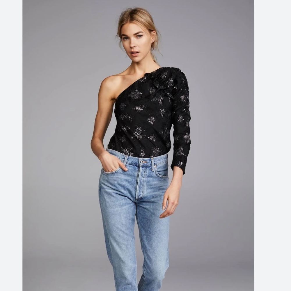 Rebecca Taylor One Shoulder Glitter Top Black/Silver Sz 2 NWT